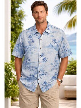 Tommy Bahamas 100% Silk Tropical Blue Short Sleeve Button Down Top Size XL